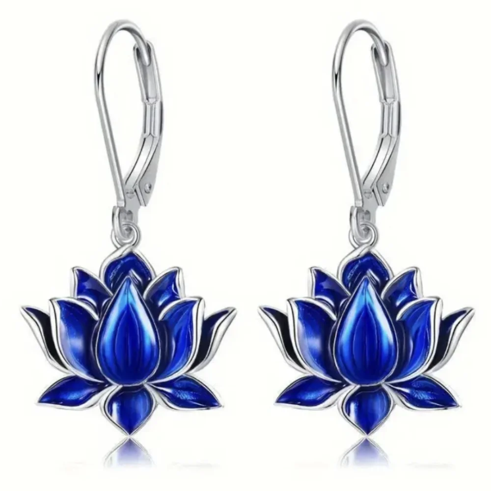 Earrings-- Lotus Flower Dangle style, Rose Red Or Blue